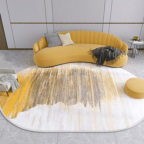 Rug-QJDDUP Teppich Oval,Yellow,140 x 190 cm,Gelb-schwarz-weißes abstraktes modernes Design, Kurzflorteppich Esszimmer Wohnzimmer Schlafzimmer Kinderzimmer,