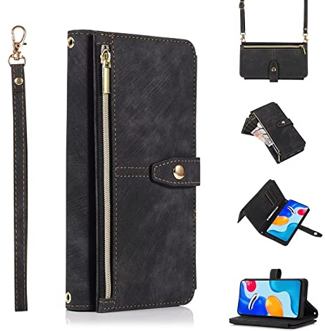 Jeelar ESONG Handyhülle für Xiaomi 13T/13T Pro Tasche,hulle mit Kartenfach,Schultergurt,Handgelenkschlaufe,Stoßfest Handytasche Magnetic Klapphülle Case,Flip PU Leder Brieftasche Schutzhülle,Schwarz