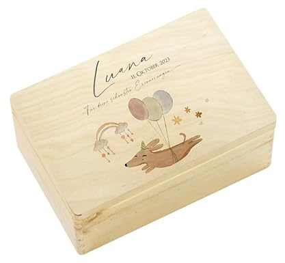 Personalisierte Erinnerungskiste für Babys zur Geburt und Taufe, Babygeschenk mit dem Namen (S, Hund)
