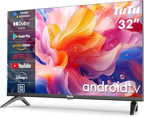 TuTu Smart TV 32 Pulgadas LED HD Android Televisión con Google Assistant, Google Play Store, WiFi, Bluetooth, Chromecast Incorporado, Sintonizador Digital (TUS32HN1AC, 2024)
