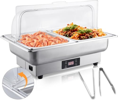 OCTAVO Electric Chafing Dish 9 QT Adjustable Temp Roll Top Food Warmer, Half Size Auto ShutOff Stainless Steel Buffet Servers and Warmers, Temp Display Food Warmer Transparent Lid Chafers for Catering