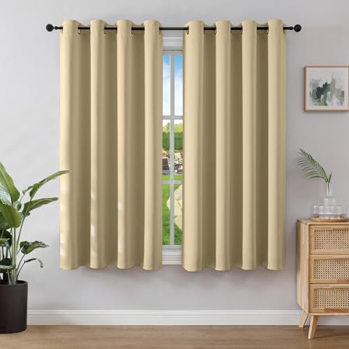 Joydeco Verdunkelungsvorhänge Beige mit Ösen 2er Set H 158 x B 132 cm, Kurze Vorhänge Blickdichte 158 cm Lang für Küche Schlafzimmer