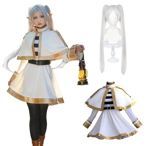 CR ROLECOS Anime Set Frieren auf der Beerdigung Frieren Cosplay Kostüm Outfit Frieren, Cosplay Uniform Mantel Full Set Halloween Party Karneval Dress Up Anzug mit Perücke L