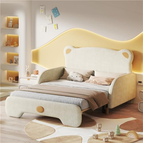 hrijusdif Kinderdoppelbett mit Bärenkopfteil, Polsterbett, Ausziehbett mit Holzlattenrost und weichen Schutzkanten