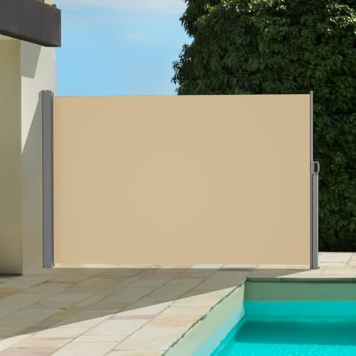 BelleMax Seitenmarkise ausziehbar & Blickdicht, 20 cm länger, Garten-Sichtschutz & Windschutz mit Aufrollautomatik für Balkon & Terrasse, Seitenmarkis Khaki 160 x 400 + 20 cm
