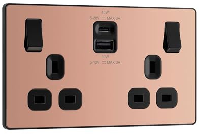 BG Electrical 45W Double Switched Power Wall Plug Socket with Super Fast Charge Type A & Type C USB Charging Ports, Evolve, Polished Copper, 13A, PCDCP22UAC45B