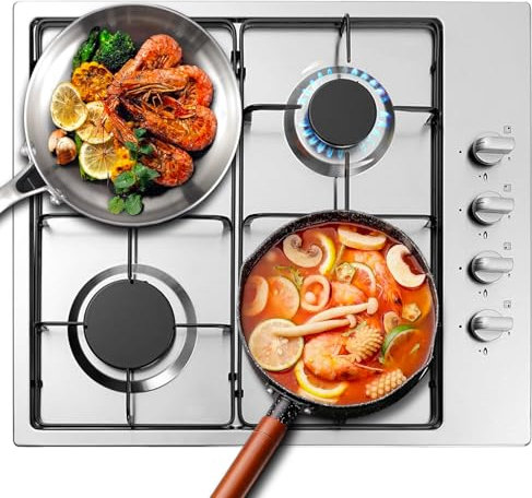 Avilia Fornello a Gas 4 Fuochi da Incasso in Acciaio Inossidabile - Piano Cottura a Gas 58x50cm con Griglie in Ghisa, con Manopole Laterali per Controllo Fiamma e Dispositivo di Sicurezza- 220-240v