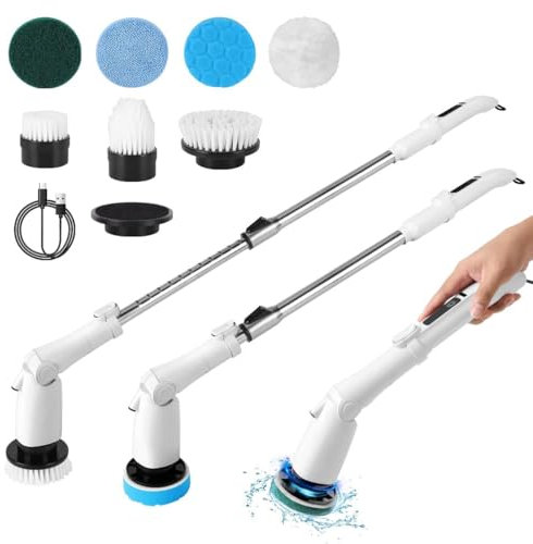 Sanfant Electric Spin Scrubber & Power Scrubber Cordless Detachable USB Charging with Long Handle 7 Replaceable Brush Heads for Bathroom Floor