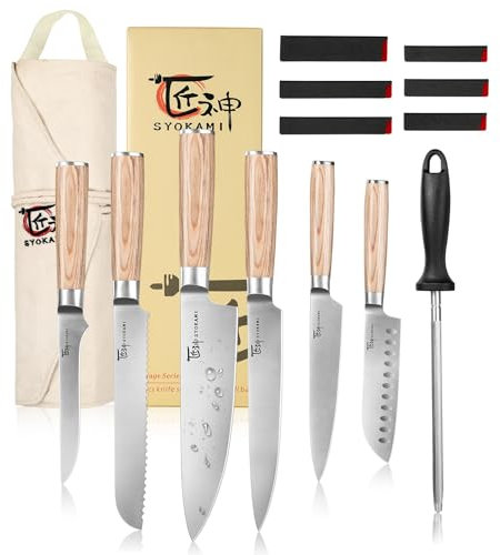 SYOKAMI Chef Knife Set with Roll Bag, Professional Japanese Kitchen Knives Sets, Damascus Pattern Pakkawood Wooden Handle, High Carbon Steel Knives with Case for Camp Outdoor Travel Gift 9 Piece