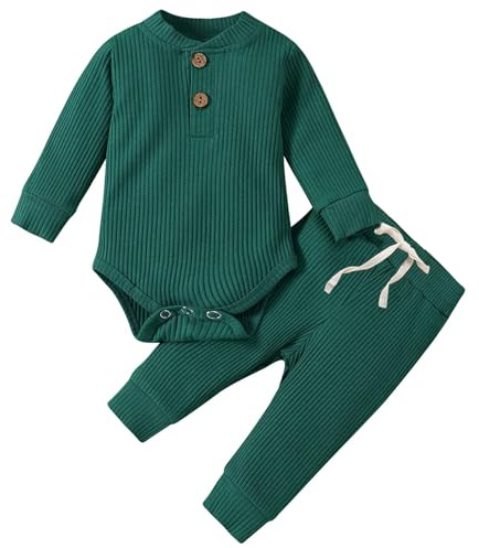 Trsenvrml Baby Boys Girls Clothes Set Newborn Long Sleeve Henley Romper Bodysuit ＋ Infant Pants Pyjamas Outfits (Green, 6-12M)