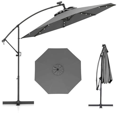 COSTWAY Ombrellone da Giardino ∅300 cm con 32 Luci LED, Ombrellone Prendisole con Rotazione di 360°, Inclinazione Regolabile, 8 Stecche, Manovella, per Giardino Piscina Cortile (Grigio)