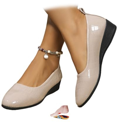 Women's Comfortable Arch Support Wedge Slip-On Shoes, Lightweight Leather Shoes Low Heel Wedge Casual Work Ballerina Court Shoes (Beige,5)