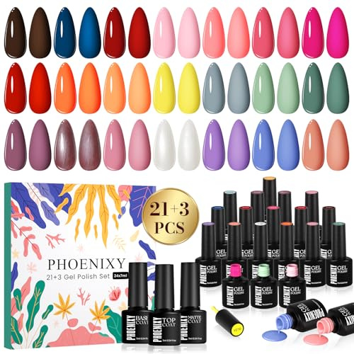 Phoenixy Esmaltes Semipermanentes para Uñas 21 Color Pintauñas Semipermanentes Kit con Base y Capa Superior de Brillante Mate Esmalte de uñas Morado, Rojo, Verde y Naranja Un Regalo Para Una Chica
