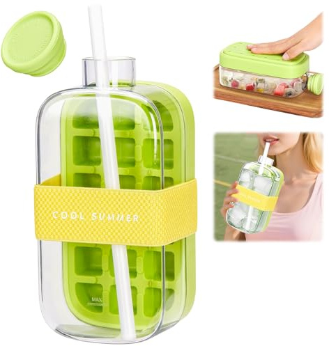 Nexhyp Ice Cube Bottle 800ml with Straw, 2-in-1 Push-Type Ice Making Bottle with Reusable Lid & Bin, Portable Water Bottle Ice Cube Tray for Home, Outdoor, Office, Summer Beverages (Green)