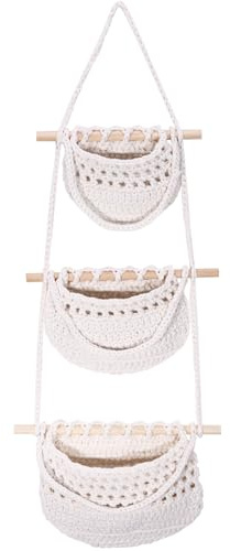 OUZHOU Hängeorganizer mit 3 Etagen, Hängeaufbewahrung Wand Hängetasche Tasche Aufbewahrungstasche, Wandorganizer Obstkorb Hängend Tür Baumwollseil Handgewebt für Kinderzimmer Schlafzimmer Wohnzimmer