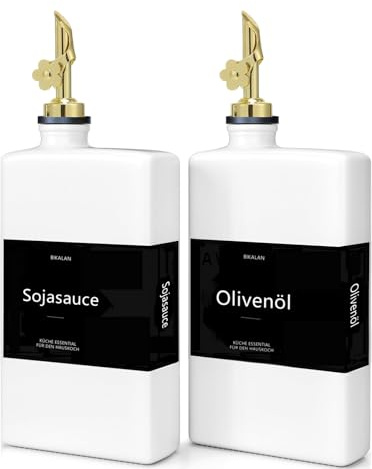 Ölflasche mit Ausgießer, Olivenöl Flasche Set, Kaffee Sirup Spender Glas Set, 500ML Ölspender Glas, Oil Dispenser Sirup Pumpspender für Küche mit 40 Aufkleber, Trichter (Weiß*2, 350 Milliliter)