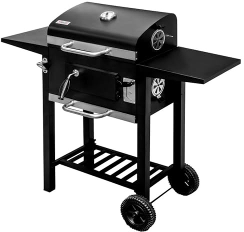 Mega-M Chariot Barbecue au Charbon Tonneau, Portable avec Couvercle et Thermomètre Intégré - Grill Chromé, Étagères Latérales Pliantes pour Fêtes de Jardin.