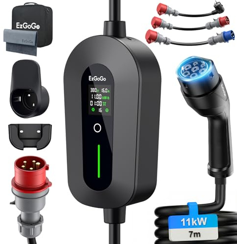 EzGoGo Mobile Wallbox 11kW Typ 2 Ladekabel [7m | 6–16 A] CEE EV Ladegerät | IP65 Wasserdicht, LCD-Anzeige, Mobile Ladestation mit Einstellbarer Ladeleistung & Ladezeit , EV-Charger für BEV/PHEV