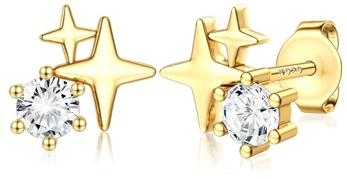 JeweBella 18K Vergoldete Ohrstecker Gold Hypoallergene Ohrringe Silber 925 Schmuck Ohrringe Gold Silber Roségold Zirkonia Herz-/Stern-Ohrstecker Zierlicher Ohrschmuck Geschenke für Frauen und Mädchen