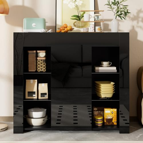 Refined Buffet Moderno con Frente Brillante solución de Almacenamiento compacta y Elegante con estantes de Cristal y Puerta de Armario para salón, Comedor o Cocina (Negro)