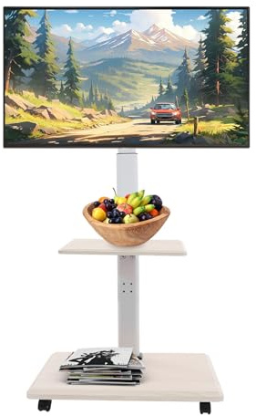 ROMYIX Mobile TV Stand on Wheels, Rolling TV Floor Stand with 3 Tier Media Shelves, Adjustable Height/Angle, Universal TV Mount Stand for 32-70 TVs, Holds up to 45kg, Max VESA Compatible (White)
