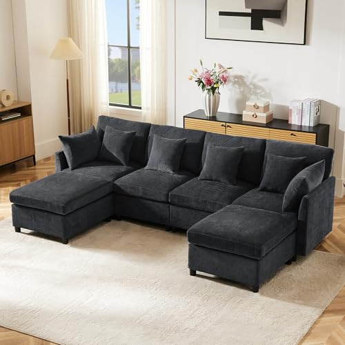 Bladez Modulares U-förmiges Sofa, 4-Sitzer Couchesectional Chenille-Stoff, Modernes Polstersofa Couchs mit Fußstütze, für Wohnzimmer (Grau-U-Chenille)