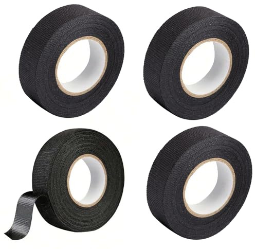 BOBITALK 4 unidades de cinta de tela, cinta de fieltro, resistente al calor y cinta aislante, color negro, tamaños 19 mm x 12 m, autoadhesiva para mazos de cables, coche, motocicleta y hogar