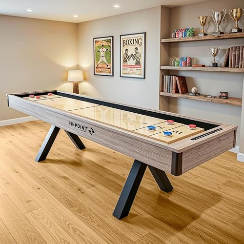 PINPOINT 2-in-1 Shuffleboard Table Game Set – Full-Size 9ft Shuffleboard with Dining Table Conversion, Pucks, Wax & Brush Included - Premium Indoor Games Table for Home, Bars & Clubs