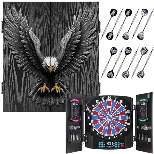 Yirinatek Elektronische Dartscheibe mit Rustikalen Holztürenschrank [12 Bronze Soft-Tip Pfeile], 8-Farben LED Punktanzeige für 8 Spieler, Dart Scheibe Profi für Zuhause & Bar