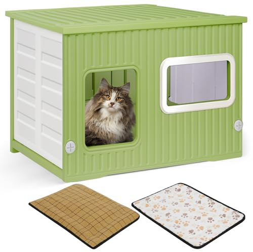 Kunststoff-Katzenhaus für Drinnen und Draußen mit Doppelseitigem Kissen Wetterfestes Katzenhaus für alle Jahreszeiten Geeignet(Grün und Weiß, 56 * 38 * 36)