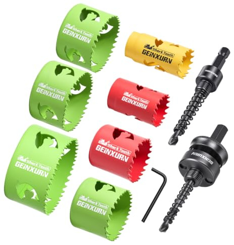 Geinxurn 9PCS Hole Saw Kit 25mm-76mm with Hole Saw Mandrel and Hex Wrench, HSS Bi-Metal Hole Cutter with Shark Tooth for Wood,Drywall, PVC Boards and Thin Metal