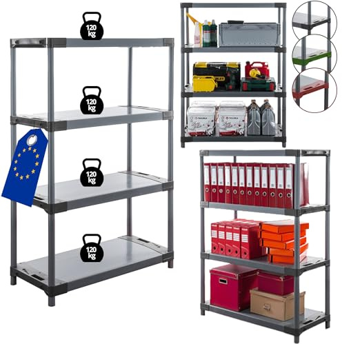 MODO24 Kunststoffregal Jupiter 138x120x46 cm, 4 Ablagen à 120 kg, Lagerregal aus Kunststoff für Keller, Garage, Vorratsraum, Werkstatt, Kellerregal, Steckregal modular, Plastikregal, Farbe: Grau