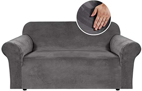 BellaHills Stretch Velvet Sofa Covers for 2 Cushion Couch Covers Sofa Slipcovers with Non Slip Straps Underneath The Furniture, Crafted from Thick Comfy Rich Velour (2 Seater, Grey)