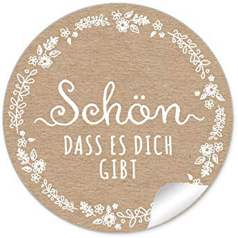 72 STICKER Schön, dass es dich gibt Etiketten als Danksagung in Natur Kraftpapier Look weiße Blütenranke als Danksagung für Gläser Geschenktüten zur Hochzeit Geburtstag Taufe, 4 cm, matt