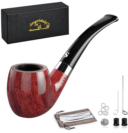 Joyoldelf Pipe à tabac, pipe à fumer avec fond plat – Goupille de tuyau et inviolable, cure-pipes et anneau en caoutchouc, bonus une pochette à pipe et un coffret cadeau