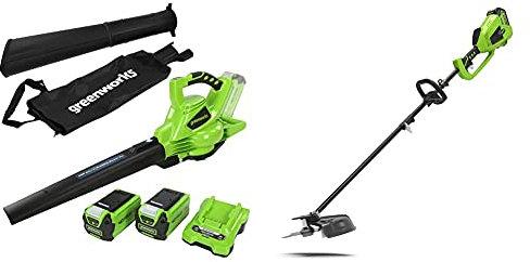 Greenworks 40V Rasentrimmer und -Sense GD40BC und Laubsgebläse GD40BV (Li-Ion 40V 40cm/25cm Schnittbreite 5300 U/min 280 km/h mit Drehzahlregulierung inkl. 2x2Ah Akku und Ladegerät)