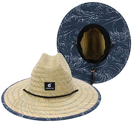 EOZY Sonnenhut mit breiter Krempe für Damen, Cowboyhut aus Stroh, klassischer Strandhut, Verstellbarer Kinnriemen, Rettungsschwimmer für Herren, UV-Schutz, UPF 50 Sonnenhüte Gr. 7 1/8/7 1/2, Wellen