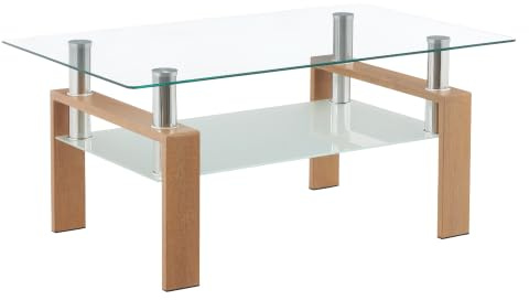 i-flair Couchtisch Porter in der Farbe Eiche Wohnzimmertisch aus gehärtetem Glas und Tischgestell aus Metall 100 x 59,5 x 43,8 cm