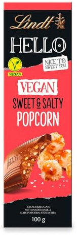 Lindt Schokolade HELLO Vegan Sweet'n Salty Popcorn | 100 g Tafel | Vegane Schokolade mit Haferdrink | Mandelmark und Mais-Popcorn-Stückchen | Schokoladentafel | Schokoladengeschenk