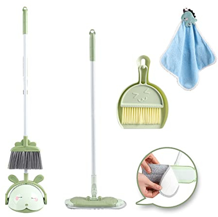 Midoneat Kids Cleaning Toy Set, Mini Child Broom, Mop and Dustpan, Little Housekeeping Helper Set ,Pretend Home Cleaning Play Set for Toddler Age 1-5,6pcs (Green)