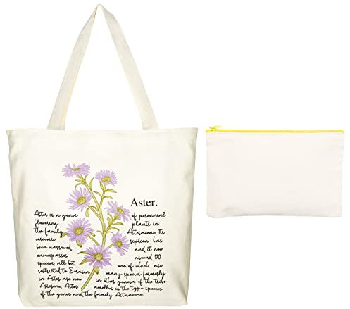 FORBELL Leinentragetaschen, Jutebeutel mit Reißverschluss, 35×35×8cm Retro Stoffbeutel Bedruckt, Geeignet für die Tägliche Reise, Einkaufen, Reisen, Schule (Aster)