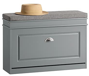 SoBuy Schuhbank mit Sitzkissen und Stauraum Schuhschrank mit Klappe, Schuhregal schmal platzsparende Sitzbank mit Stauraum für Flur, Wohnzimmer, Schlafzimmer, bis 150 kg Hellgrau 75x51x24cm FSR82-L-HG