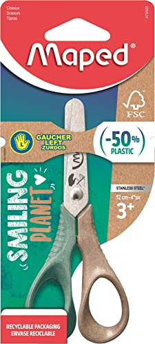 Maped Vivo Smiling Planet Tijeras Responsables para manos pequeñas zurdas – Anillos 50% de fibra de madera con certificación FSC – Ergonomía 3D – Hoja de 12 cm de acero inoxidable – Extremidades