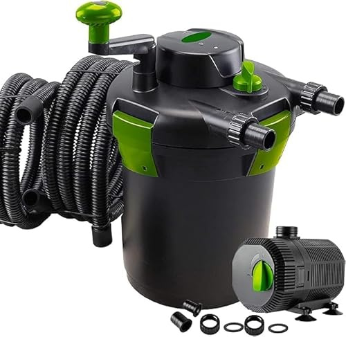 PondHero Turn2Clean Pond Pump and Pond Filter Sets Includes UVC Hose and Clips (6000 Filter 13W UV & 3000 LPH Pump), Black
