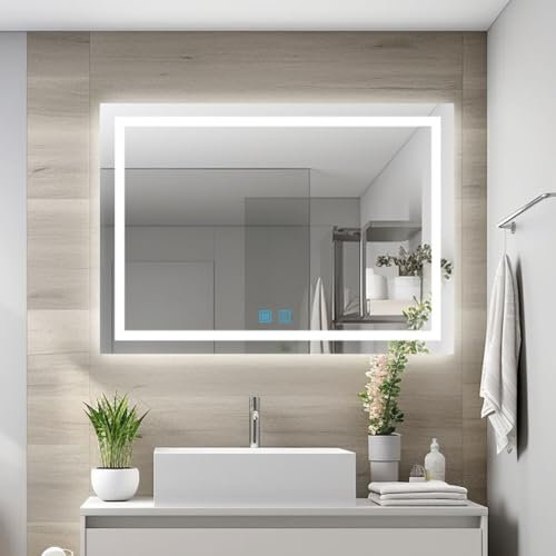 Finmrys LED Spiegel Bad mit Beleuchtung dimmbar Kaltweiß Warmweiß mit Speicherfunktion 70x50 50x70cm Badezimmer Beleuchteter Wandspiegel Antibeschlag Touchschalter Horizontal Vertikal