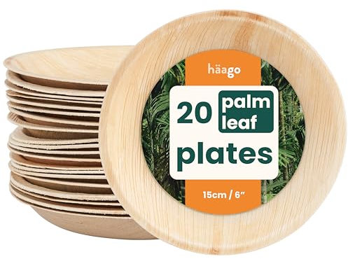 HAAGO 20 Piatti di Foglie di Palma (⌀ 15cm, Rotondi) Compostabili e Monouso - Stoviglie Ecologiche per Picnic e Cene all'Aperto - Sicuri in Freezer e Microonde