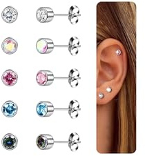 CASSIECA 5 Paar Titan Ohrstecker für Damen Herren Medizinische Ohrstecker Set 3mm Titan Ohrringe Kinder Silber Ohrringe Chirurgenstahl Geschenke für Damen Herren mit Schmuckkästchen