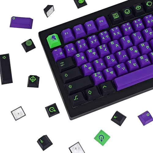 Eva 129-Key Cherry Profile PBT Keycaps - Japanese Purple & Green Custom Dye-Sublimated Cherry Mx Keycaps for Mechanical Keyboard (Evangelion)