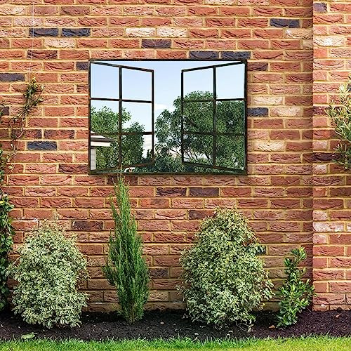 MirrorOutlet Kirkby - Black Brown Open Window Garden Wall Mirror 39 X 29 (100CM X 73CM) Silver Mirror Glass with Dark Distressed Black Brown Metal Frame.