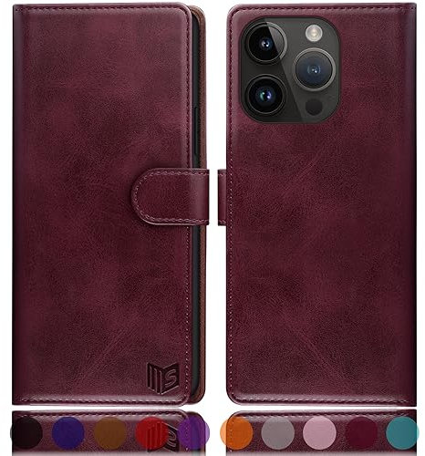 SUANPOT [RFID Schutz für iPhone 15 Pro Max 6.7 Hülle PU Leder Handyhülle Lederhülle Klapphülle Kartenfach Flip Cover für Apple 15 Pro Max Handy hülle Leather Wallet Phone Case Rotwein